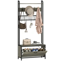 HOMCOM Schuhgarderobe 5-in-1 mit Sitzbank, Gitterpaneel, Schrank, 10 Haken, oberes Ablagebrett und Stahlrahmen, Grau(m-8)