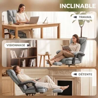 HOMCOM Chaise de bureau ergonomique, fauteuil de bureau inclinable avec repose-pieds, hauteur réglable, pivotante 360°, gris(m-4)