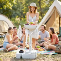 Outsunny Évier de camping portable, lavabo portable pour camping, station lavage avec roues, distributeur de savon gris(m-10)