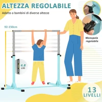 HOMCOM Barra da Ginnastica per Bambini 3+ Anni con Altezza Regolabile, in Acciaio e Legno Massello di Faggio, Celeste(m-4)