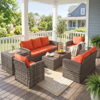 Outsunny 6 Pieces Rattan Garden Furniture Set, 7 Seater Wicker Outdoor Furniture Set with Storage Tea Table & Side Table, Sectional Garden Sofa Set with Cushions, Orange(m-8)