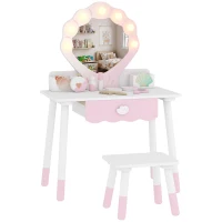 AIYAPLAY Kids Vanity Set, Kids Dressing Table with Chair, Acrylic Mirror, Lighted Bulbs, 7-Piece Accessories, for 3-8 Years, Pink(m-1)