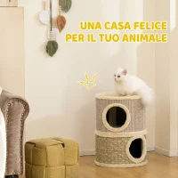 PawHut Cuccia per Gatti Tiragraffi a Torre con 2 Nicchie, Corda in Sisal e Alga Marina, Bordo Peluche, Cachi(m-4)