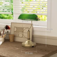 HOMCOM Desk Lamp with USB Ports, Banker's Table Lamp Desk Lamp with Vintage Bronze Tone Base and Pull Rope Switch, Green(m-3)
