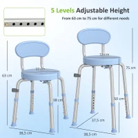 HOMCOM Tabouret de Douche Ronde Pivotant 360°, Hauteur Réglable, Dossier, Pieds Antidérapants, 38,5x37,5x75cm, Bleu Clair(m-3)