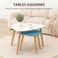 HOMCOM Lot de 2 tables basses gigognes design scandinave pieds en bois et plateau en bois, blanc et bleu(m-4)
