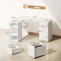 HOMCOM Escritorio Esquinero en L con 3 Cajones 5 Compartimentos Abiertos y Estantes Regulables 140x100x75 cm Blanco(m-3)