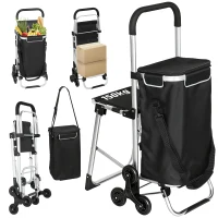 HOMCOM Chariot de courses pliable caddie de courses portable à roulettes avec siège pliable, sac amovible, 46x59,5x97cm, noir(m-13)