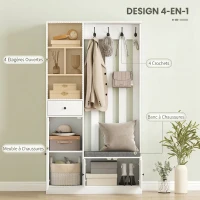 HOMCOM Meuble d'entrée 4 en 1, vestiaire d'entrée avec banc de rangement, étagère réglable, 4 crochets, 100x30x180cm, blanc(m-4)