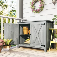 Outsunny Wooden Garden Shed, Outdoor Fir Wood Storage Shed with Shelf and Double Doors, Light Grey(m-8)