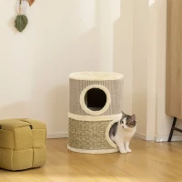PawHut Cuccia per Gatti Tiragraffi a Torre con 2 Nicchie, Corda in Sisal e Alga Marina, Bordo Peluche, Cachi(m-2)