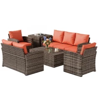 Outsunny 6 Pieces Rattan Garden Furniture Set, 7 Seater Wicker Outdoor Furniture Set with Storage Tea Table & Side Table, Sectional Garden Sofa Set with Cushions, Orange(m-11)