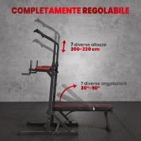 HOMCOM Power Tower Pieghevole con Panca Piana Regolabile, Rack Palestra Multifunzione con Barre per Dip e Trazioni, Altezza Regolabile 7 Livelli, in Acciaio, Allenamento Fitness Casa Palestra, Rosso(m-5)