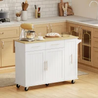 HOMCOM Îlot Central Cuisine avec Plateau Rabattable, Roulettes, 2 Tiroirs, Portes à Fermeture Douce, Porte-Serviettes, Blanc(m-10)