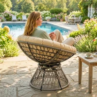 Outsunny 360° Swivel Rattan Moon Bowl Chair Round Lounge Garden Wicker Basket Seat with Padded Cushion Oversized for Outdoor Indoor, Beige(m-8)