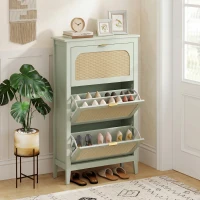 HOMCOM Narrow Shoe Cabinet, Boho Slim Shoe Storage Cabinet with 3 Flip Drawers, Holds 21 Pairs, Light Green(m-9)