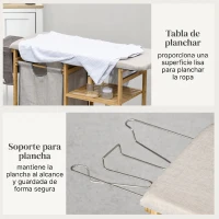 HOMCOM Cesto de Ropa Sucia 57,4L con Tabla de Planchar Soporte para Plancha 3 Estantes y Bolsa Extraíble 113x34x82 cm Natural(m-5)