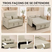 HOMCOM Canapé Convertible 2 Places, Canapé-Lit 3 en 1 Chenille 125 cm avec Dossier Réglable, Assise Large, 2 Oreillers, Crème(m-4)
