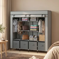 HOMCOM Kleiderschrank Stoffschrank, Türen, 2 Kleiderstangen, 10 Fächer, Grau(m-2)