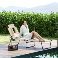 Outsunny Folding Sun Lounger with Face Hole, 4-Position Adjustable Backrest Garden Recliner Chair Sunbed, Outdoor Lounge Chair with 600 D Oxford Cloth Seat, Pillow for Beach, Beige(m-2)