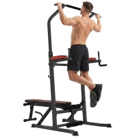 HOMCOM Power Tower Pieghevole con Panca Piana Regolabile, Rack Palestra Multifunzione con Barre per Dip e Trazioni, Altezza Regolabile 7 Livelli, in Acciaio, Allenamento Fitness Casa Palestra, Rosso(m-1)