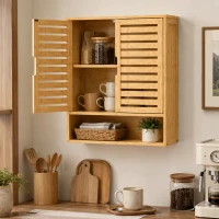HOMCOM Bathroom Wall Cabinet, Wall Mounted Bathroom Cabinet with 2 Louvered Doors, Open Shelf and Adjustable Shelf Storage(m-8)