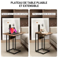 HOMCOM Table d'appoint bout de canapé avec station de charge, plateau pliable, 39 x 29 x 57 cm, brun rustique et noir(m-4)