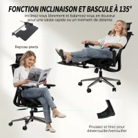 HOMCOM Chaise Bureau Ergonomique avec Accoudoirs 6D, Appui-Tête et Profondeur d'Assise Réglables, 67 x 71 x 133 cm, Noir(m-8)