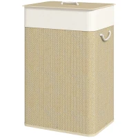 HOMCOM Panier à linge en bambou avec couvercle 72 L Collecteur à linge avec poignées en bambou, sac à linge amovible naturel(m-8)