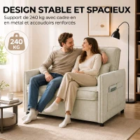 HOMCOM Canapé Convertible 2 Places, Canapé-Lit 3 en 1 Chenille 125 cm avec Dossier Réglable, Assise Large, 2 Oreillers, Crème(m-6)