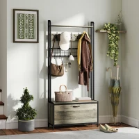 HOMCOM Schuhgarderobe 5-in-1 mit Sitzbank, Gitterpaneel, Schrank, 10 Haken, oberes Ablagebrett und Stahlrahmen, Grau(m-6)