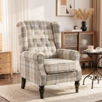 HOMCOM Wingback Accent Chair, Linen-Look Fabric Armchair with Thick Spring Cushion, High Back, Khaki Plaid(m-2)