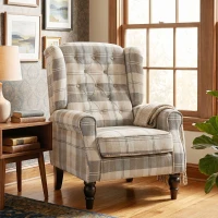 HOMCOM Wingback Accent Chair, Linen-Look Fabric Armchair with Thick Spring Cushion, High Back, Khaki Plaid(m-8)