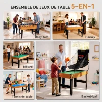 SPORTNOW Table MultiJeux 5 en 1 Babyfoot Billard Air Hockey Ping-Pong et Basket Accessoires 134x108x144cm Marron Noyer(m-4)