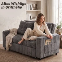 HOMCOM 2-Sitzer Sofabett, Cordbezug, zum Schlafsofa umwandelbar, 2 Kissen, Seitentaschen, 157 x 190 cm, Dunkelgrau(m-7)