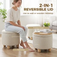 HOMCOM Hocker mit Stauraum, Runder Sitzhocker mit Deckel, Leinenoptik für Wohnzimmer, Schlafzimmer, 38,5x38,5x33,5 cm Beige(m-4)