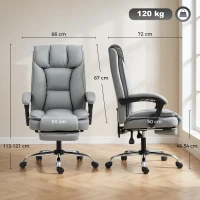 HOMCOM Chaise de bureau ergonomique, fauteuil de bureau inclinable avec repose-pieds, hauteur réglable, pivotante 360°, gris(m-3)