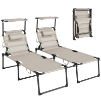 Outsunny Lot de 2 Bains de soleil transats pliables grand confort dossier pare-soleil réglables multi-positions, crème(m-13)