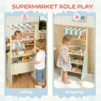 AIYAPLAY Wooden Toy Shop, Wooden Market Stall with Cash Register, Blackboard and Toy Food, 4 Storage Boxes, Ages 3+, Green(m-4)