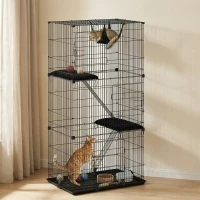 PawHut 3-Tier Large Cat Cage Indoor, Detachable Metal Wire Kennel with Hammock, Platforms, Tray and Cushions for 1-2 Kittens(m-14)