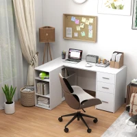 HOMCOM Escritorio Esquinero en L con 3 Cajones 5 Compartimentos Abiertos y Estantes Regulables 140x100x75 cm Blanco(m-10)