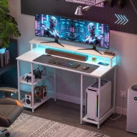 HOMCOM Escrivaninha para Computador Reversível Prateleiras, 120x50 cm, com Tomadas Elétricas e Luzes LED, Branco Efeito Madeira(m-5)