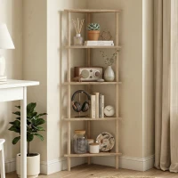 HOMCOM Bamboo Storage Shelf, 5-tier Corner Shelf, Freestanding Shelving Unit for Living Room, Home Office, Natural Wood Finish(m-14)