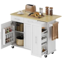 HOMCOM Îlot Central Cuisine avec Plateau Rabattable, Roulettes, 2 Tiroirs, Portes à Fermeture Douce, Porte-Serviettes, Blanc(m-11)