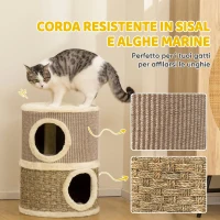 PawHut Cuccia per Gatti Tiragraffi a Torre con 2 Nicchie, Corda in Sisal e Alga Marina, Bordo Peluche, Cachi(m-6)