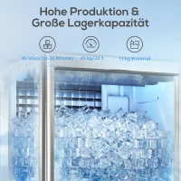 HOMCOM Gewerblicher Eiswürfelbereiter 45 kg/24 Std., Edelstahl, mit 13 kg Speicher, Selbstreinigung, Silber(m-4)