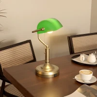 HOMCOM Desk Lamp with USB Ports, Banker's Table Lamp Desk Lamp with Vintage Bronze Tone Base and Pull Rope Switch, Green(m-14)