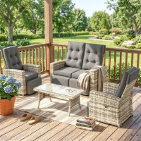 Outsunny 4 Piece Rattan Garden Furniture Set Outdoor Sofa Sectional Set with Glass Top Table for Poolside, Light Grey(m-9)
