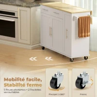 HOMCOM Îlot Central Cuisine avec Plateau Rabattable, Roulettes, 2 Tiroirs, Portes à Fermeture Douce, Porte-Serviettes, Blanc(m-7)