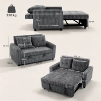 HOMCOM 2-Sitzer Sofabett, Cordbezug, zum Schlafsofa umwandelbar, 2 Kissen, Seitentaschen, 157 x 190 cm, Dunkelgrau(m-3)